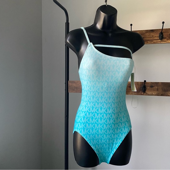 Michael Kors Ombre Logo One Shoulder One-Piece Turquoise swimsuit size 6 NEW - Picture 5 of 6